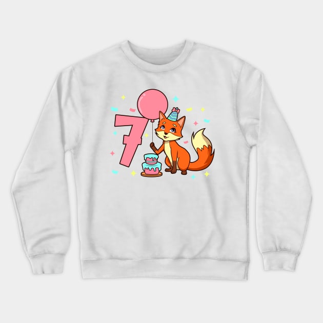 I am 7 with fox - girl birthday 7 years old Crewneck Sweatshirt by Modern Medieval Design